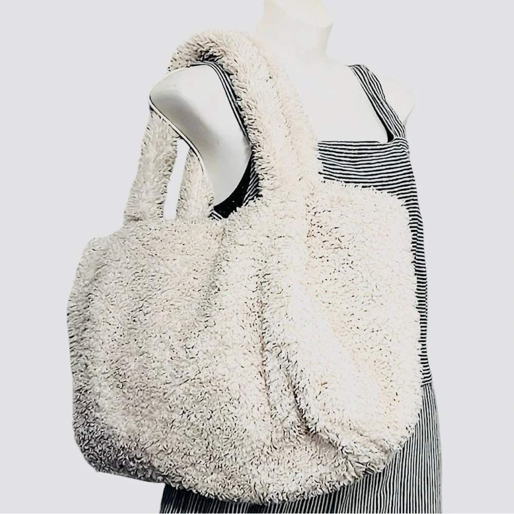 a new day Off White Faux Fur Teddy Sherpa Two Handle Tote Bag Carry On Purse